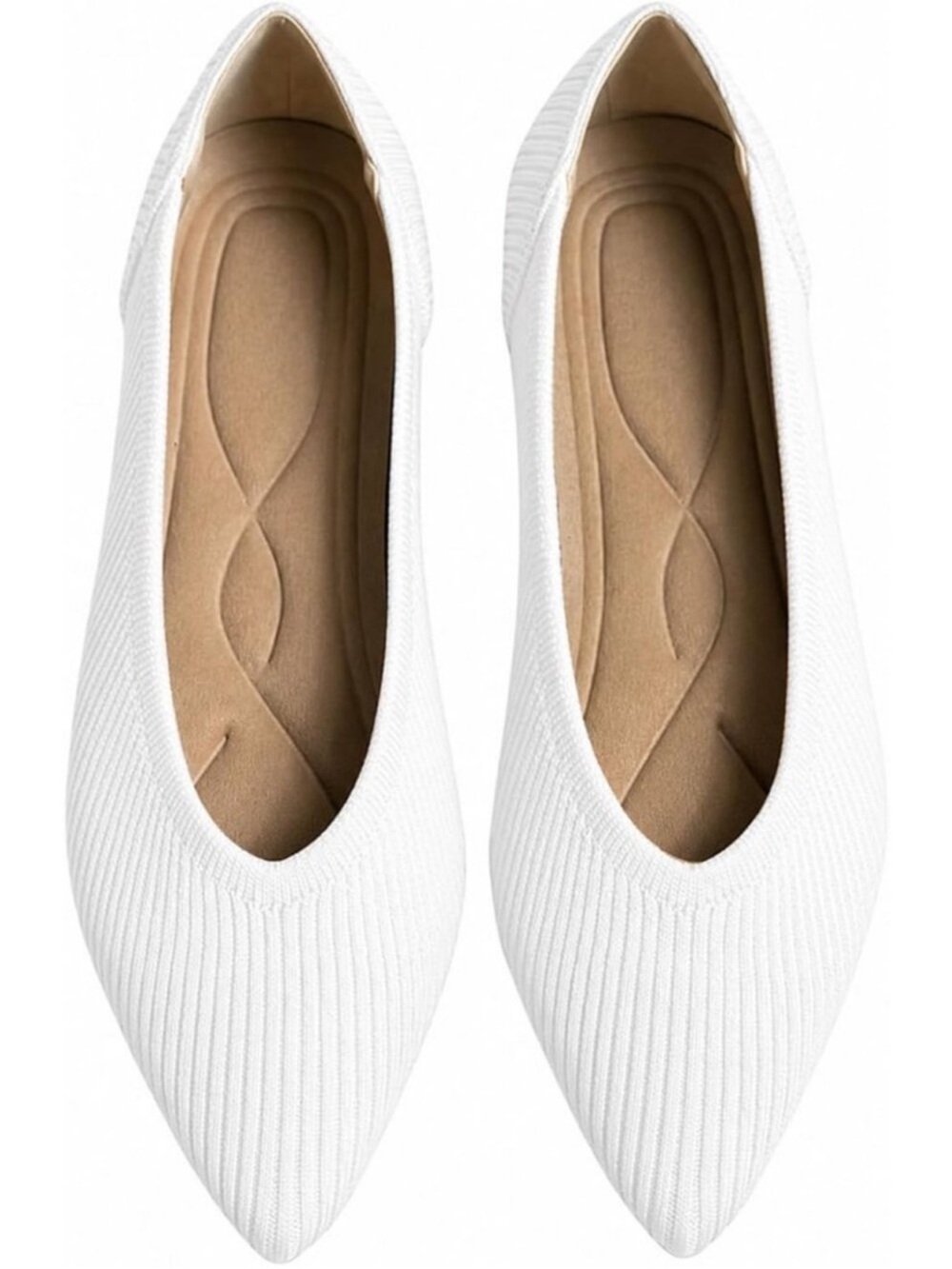 Womens White Pointed Toe Knit Ballet Comfortable Dressy Solid Slip On Flat Shoes